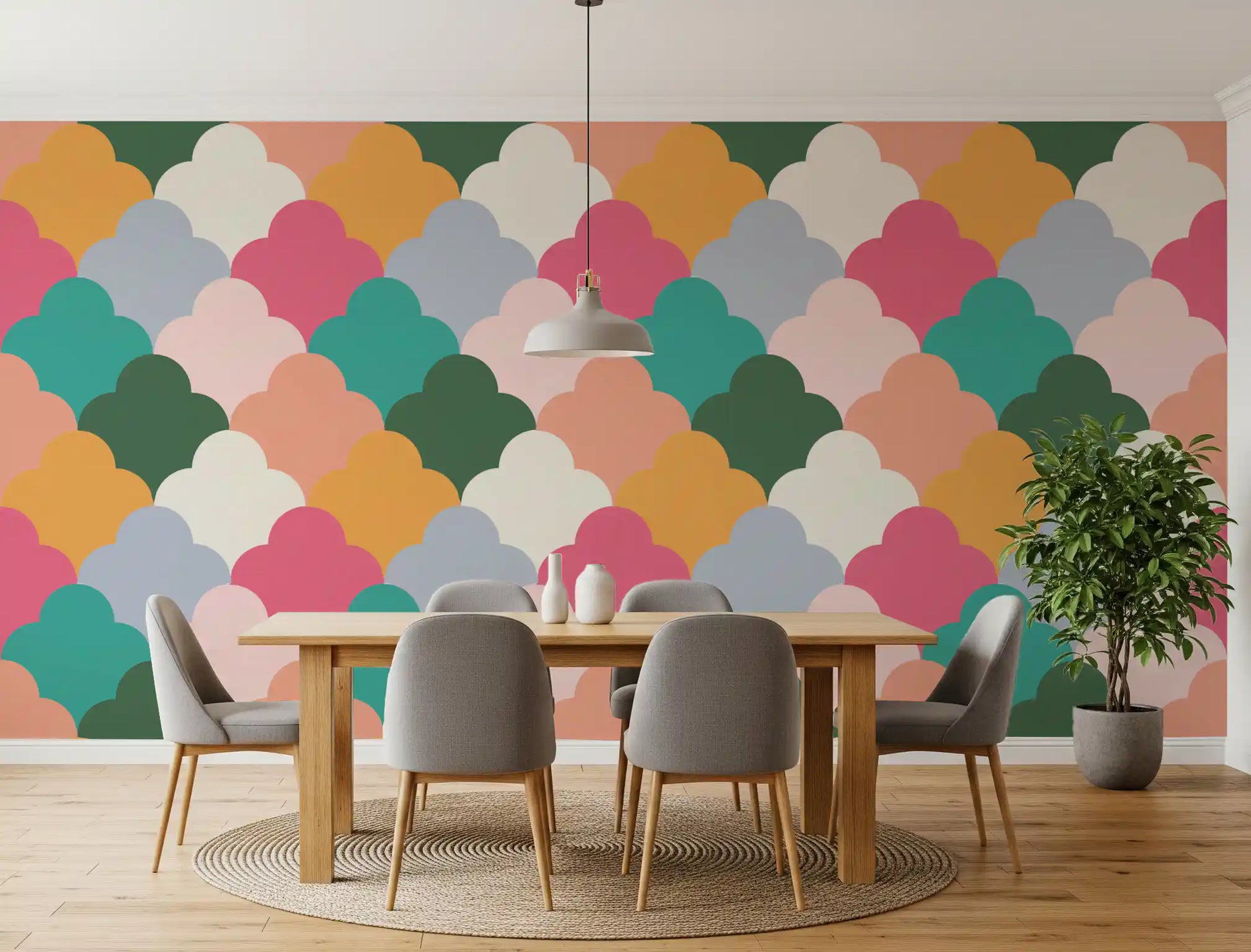 Dining room takes on a vintage mood with Retro Wallpaper as the pattern layer.