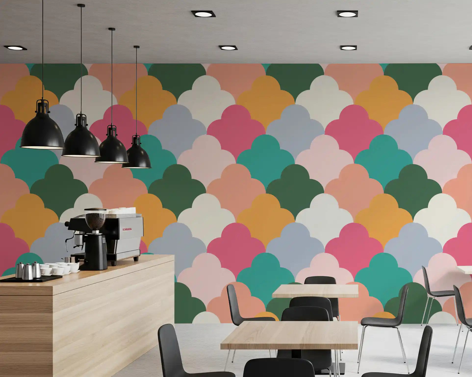 Multicolor scallops dot a Café while Cloudscape Wallpaper holds the layout.