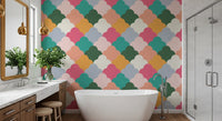 Bathroom Retro Cloudscape Wallpaper sets out scallops in coral, teal and mustard.