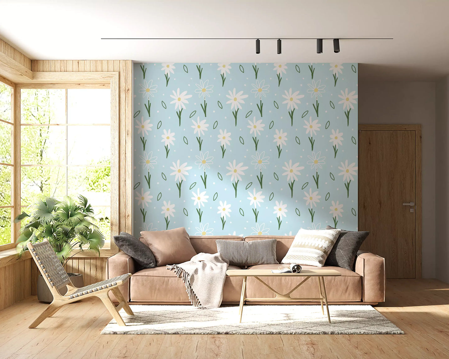 Sketchy florals on Daisy Delight Wallpaper warm up a relaxed living room nook.