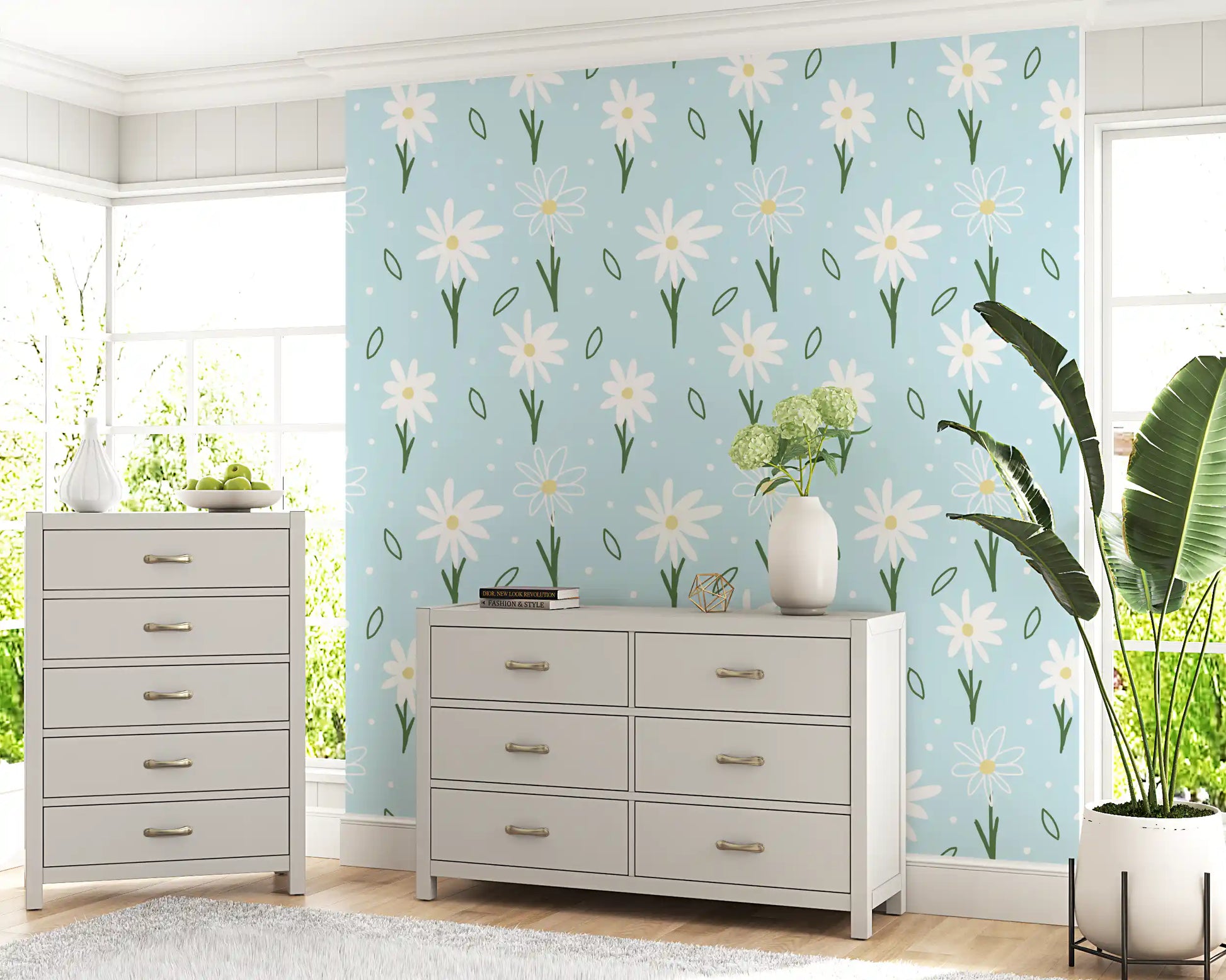 Slim green leaf outlines weave around dotted speckles on Daisy Delight Wallpaper.