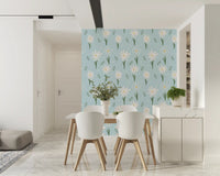 Floral daisies dance across the dining room feature on Daisy Delight Wallpaper.