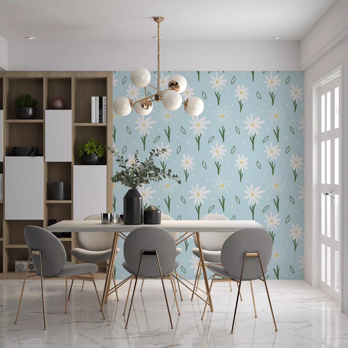 White petals with sunny middles repeat over a sky-blue ground on Daisy Delight Wallpaper.