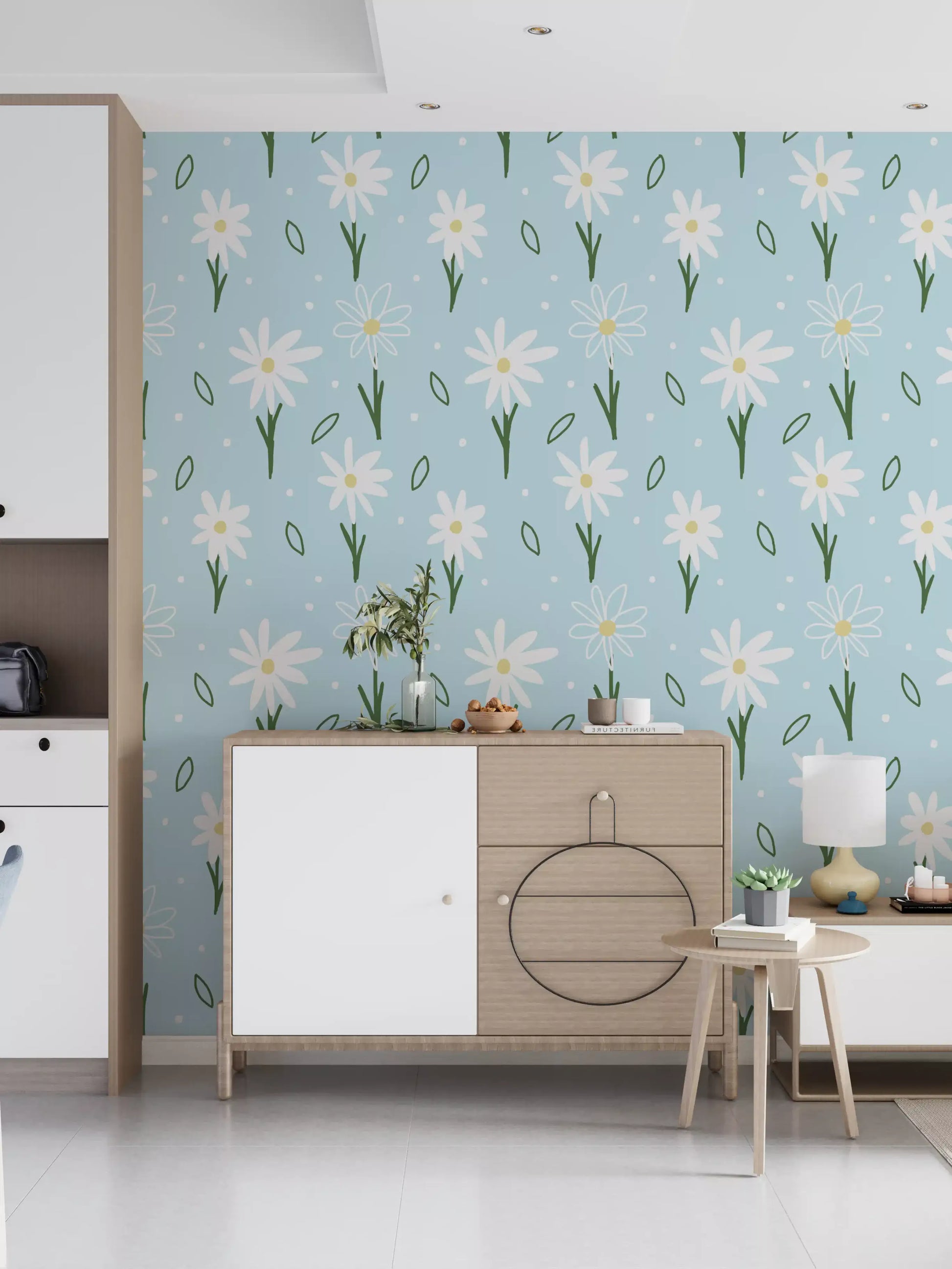 Tiny dots scatter alongside daisies in the Kitchen area , Daisy Delight Wallpaper.