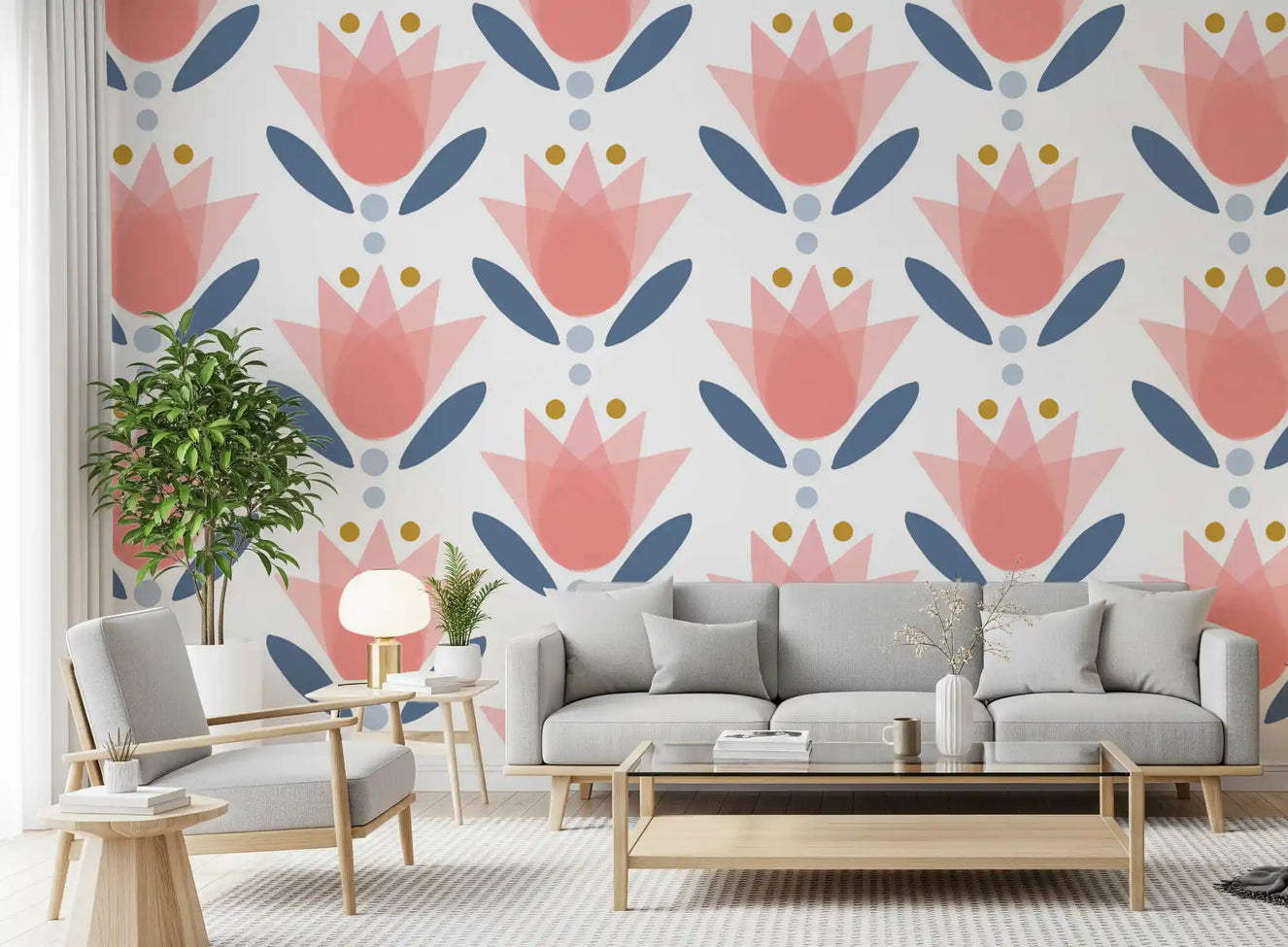 Living room set with coral tulip Soft Floral Wallpaper 