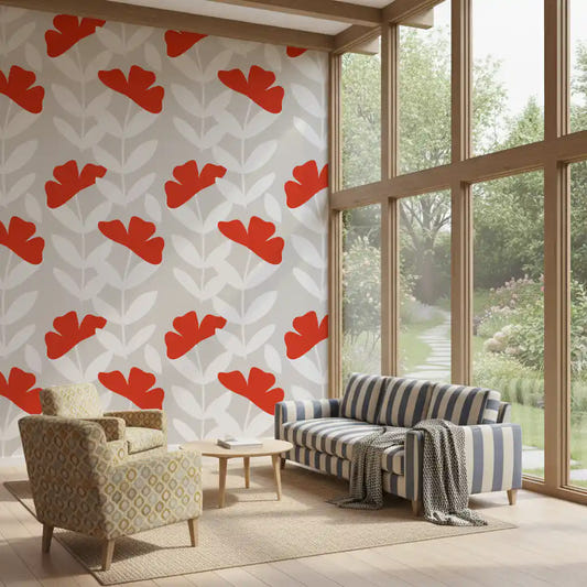 Living room styled with the Peony Wallpaper beside garden-facing windows