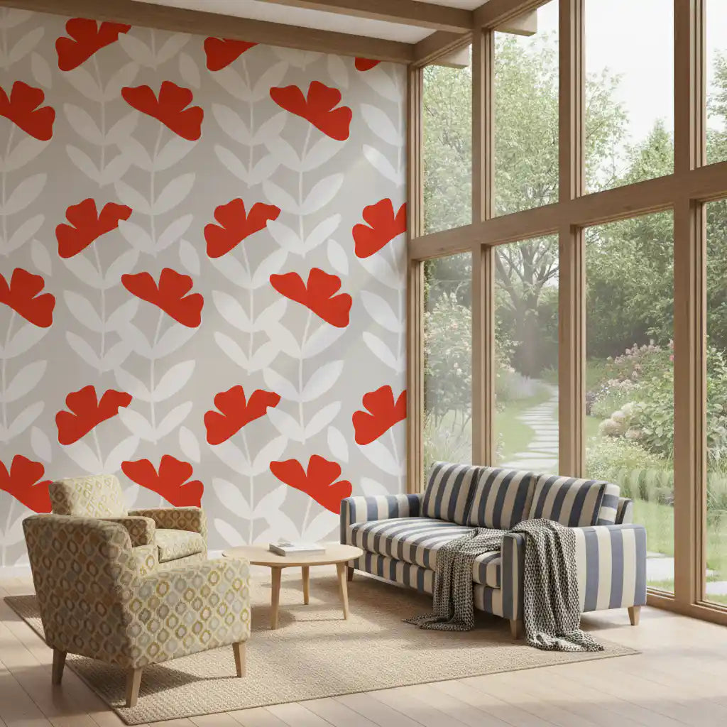 Living room styled with the Peony Wallpaper beside garden-facing windows