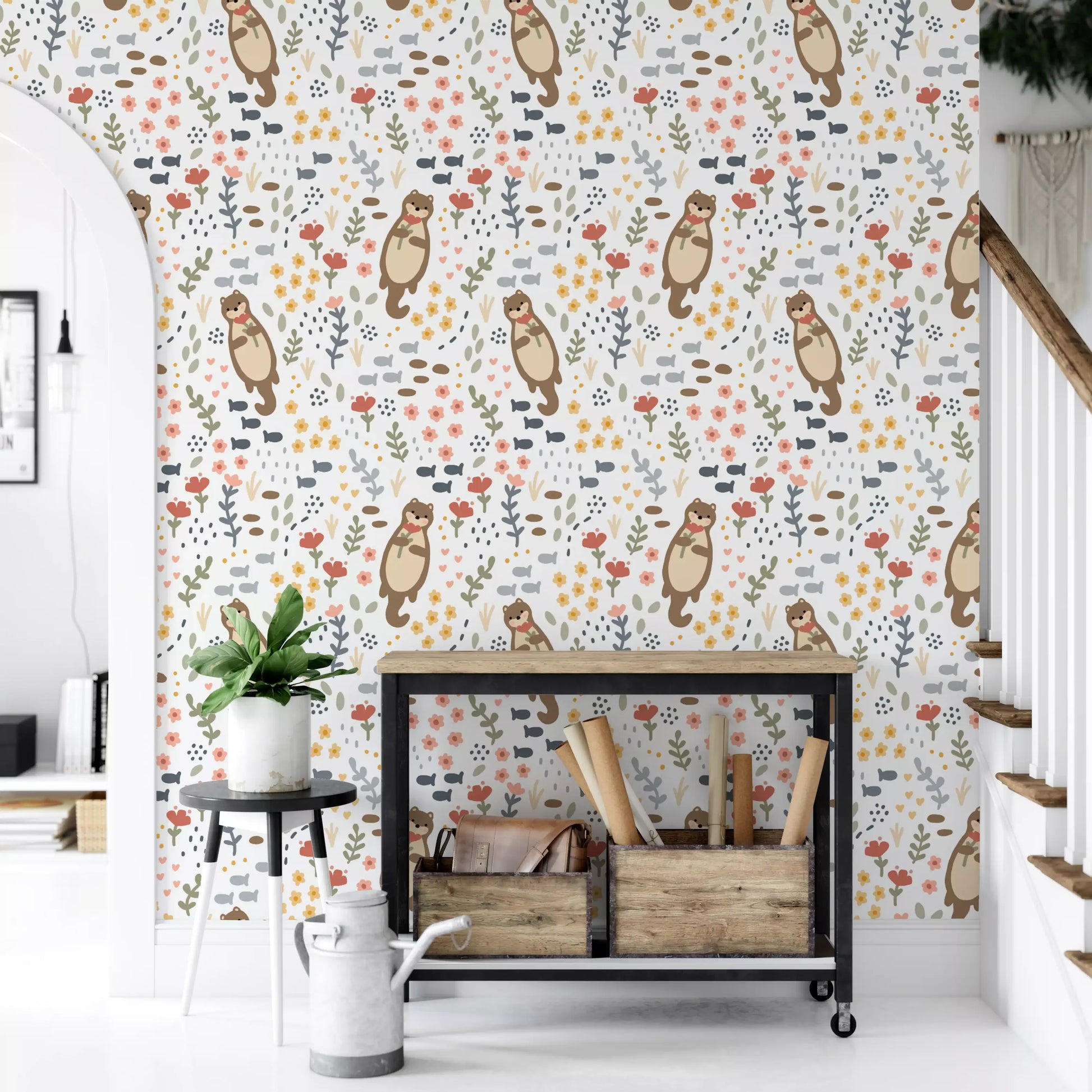 Whimsical Otters Wildflowers wallpaper showing brown otters holding pink bloom