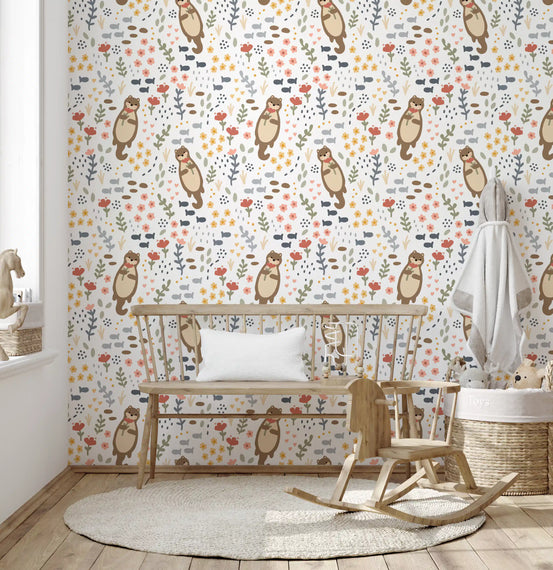 Kids' bedroom styled with Whimsical Otters Wildflowers wallpaper 