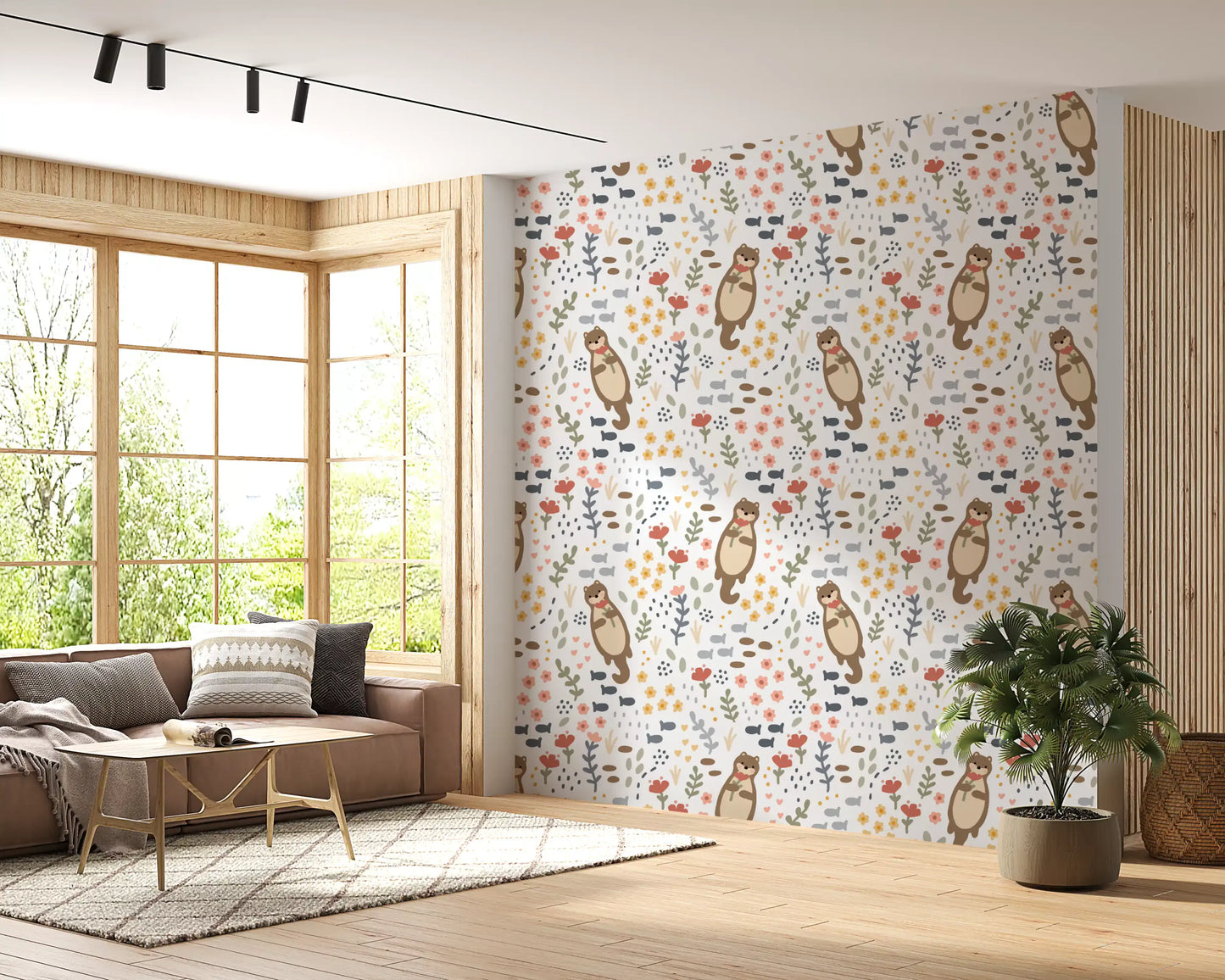 Close pattern view of Whimsical Otters Wildflowers wallpaper on a white ground