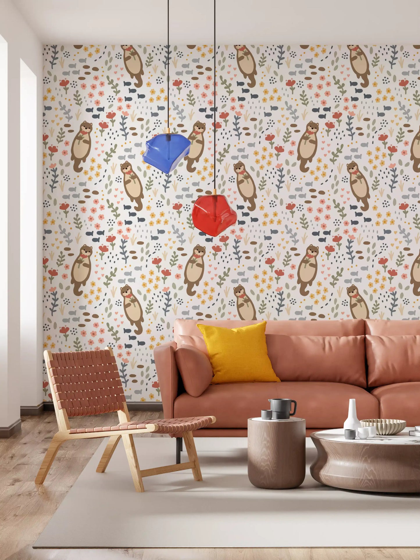 Coral poppies and yellow buttercups across the Otters Wildflowers wallpaper