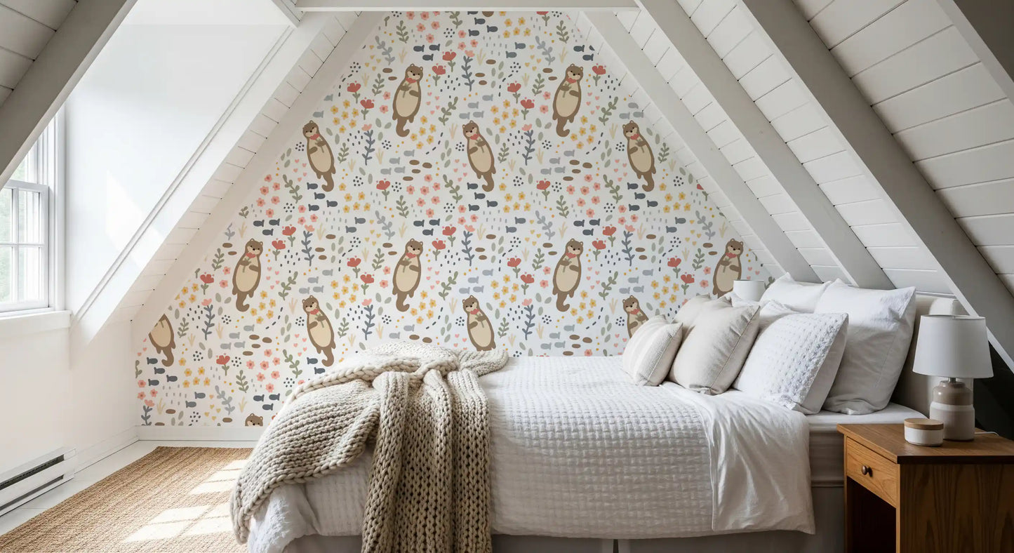 Whimsical Otters Wildflowers wallpaper in a small bedroom