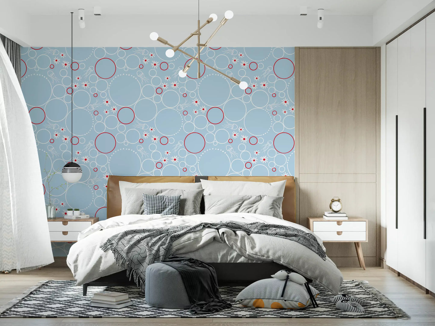 Bedroom corner finished using River Bubbles wallpaper for a fresh look