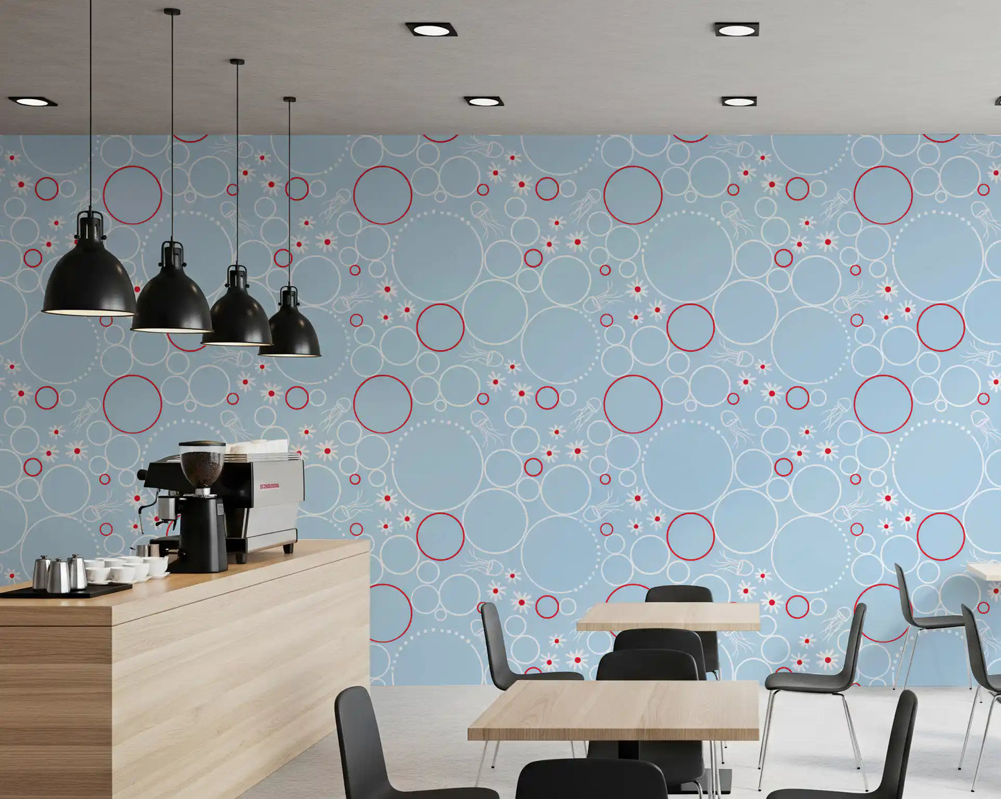 Jellyfish line sketches drift beside bubbles in River wallpaper
