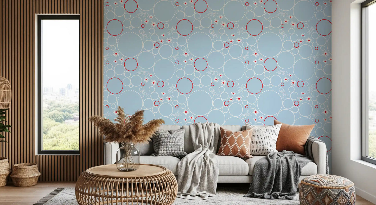 Cosy lounge backed by Bubbles wallpaper in pale blue