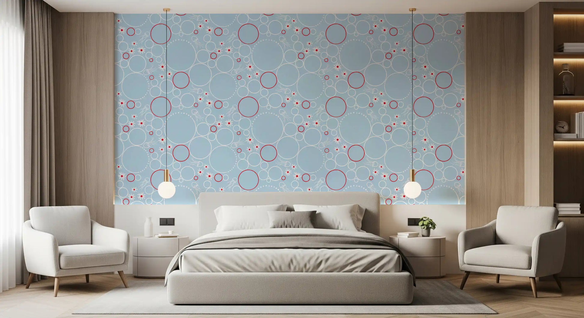 Close pattern view of daisies floating across River Bubbles wallpaper