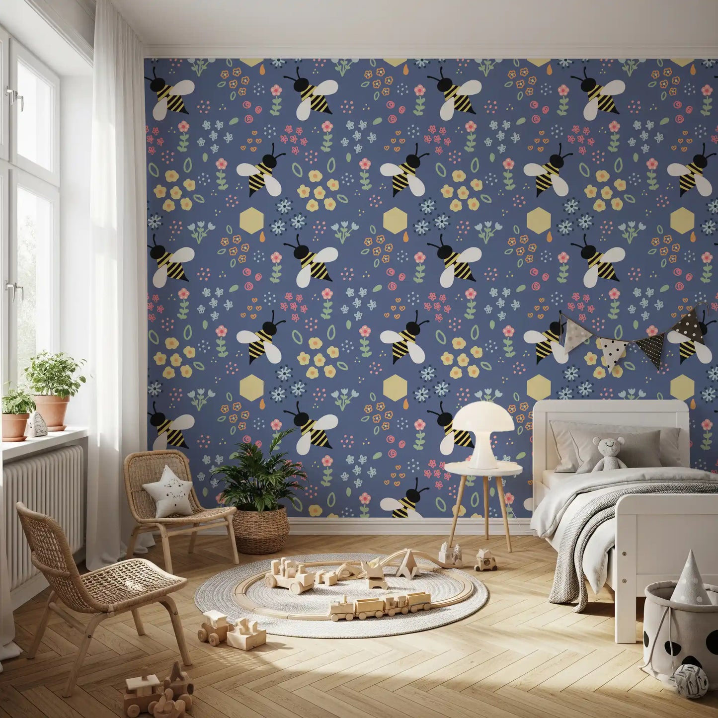 Close of pink rose buds and sage stems on the navy bee wallpaper