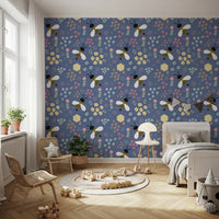 Close of pink rose buds and sage stems on the navy bee wallpaper
