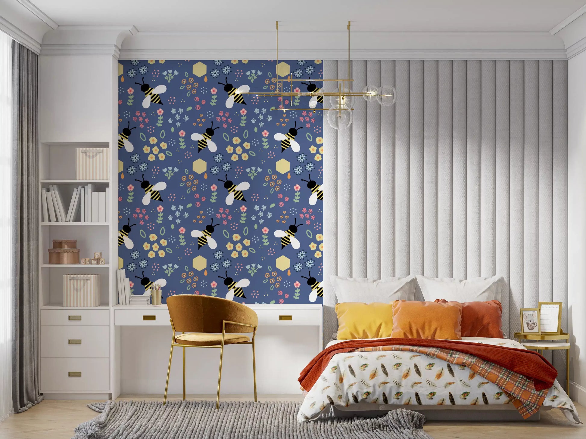 Bedroom set against the Whimsical Bee Garden Wallpaper in navy and pastels