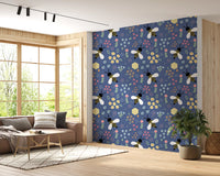 Lounge area paired with deep blue bee and bloom wallpaper