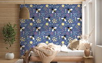 Bedroom feature spot wearing navy florals from the Bee Garden Wallpaper