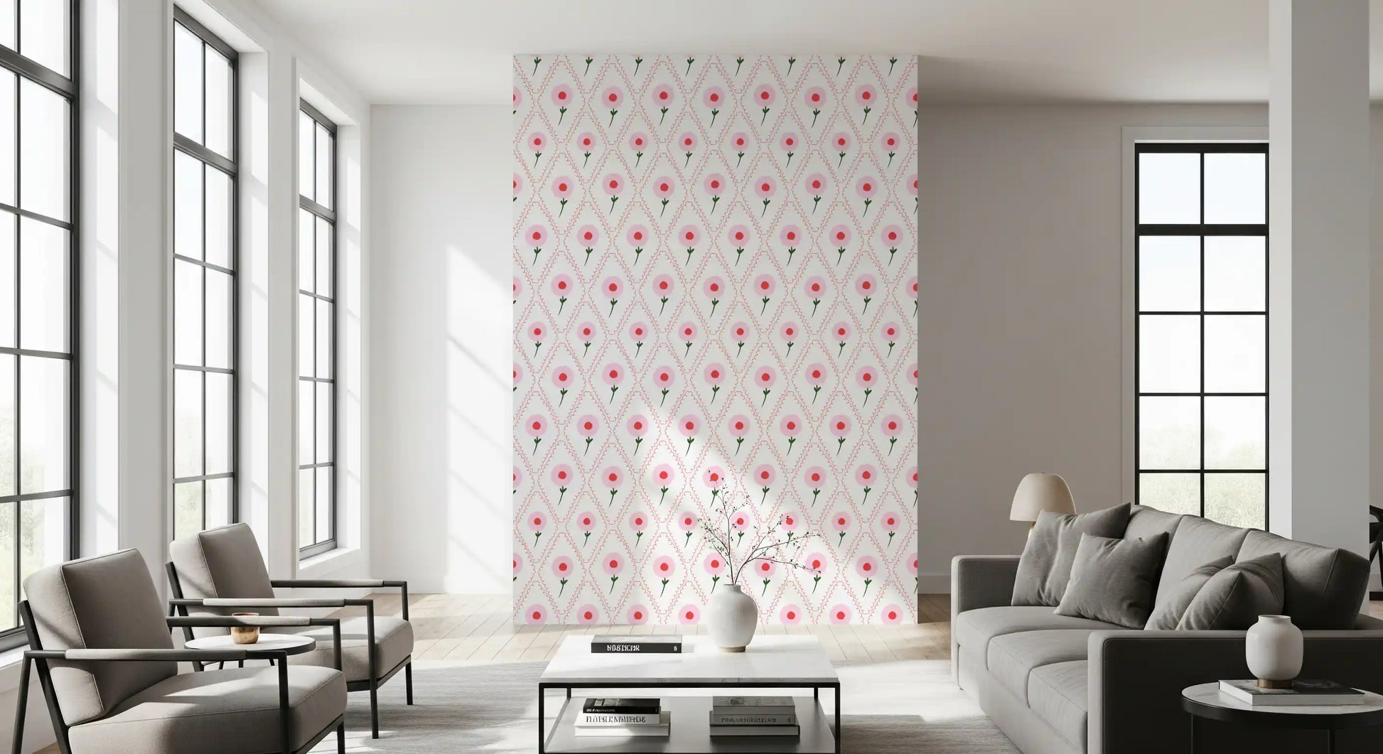 Hallway showing Cottage Roses Wallpaper paired with a slim console