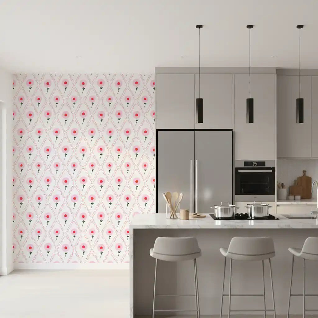 Kitchen pendant lighting set against Cottage Roses Wallpaper  