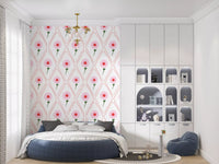 Slim red linework forms diamond trellis throughout the Cottage Roses Wallpaper