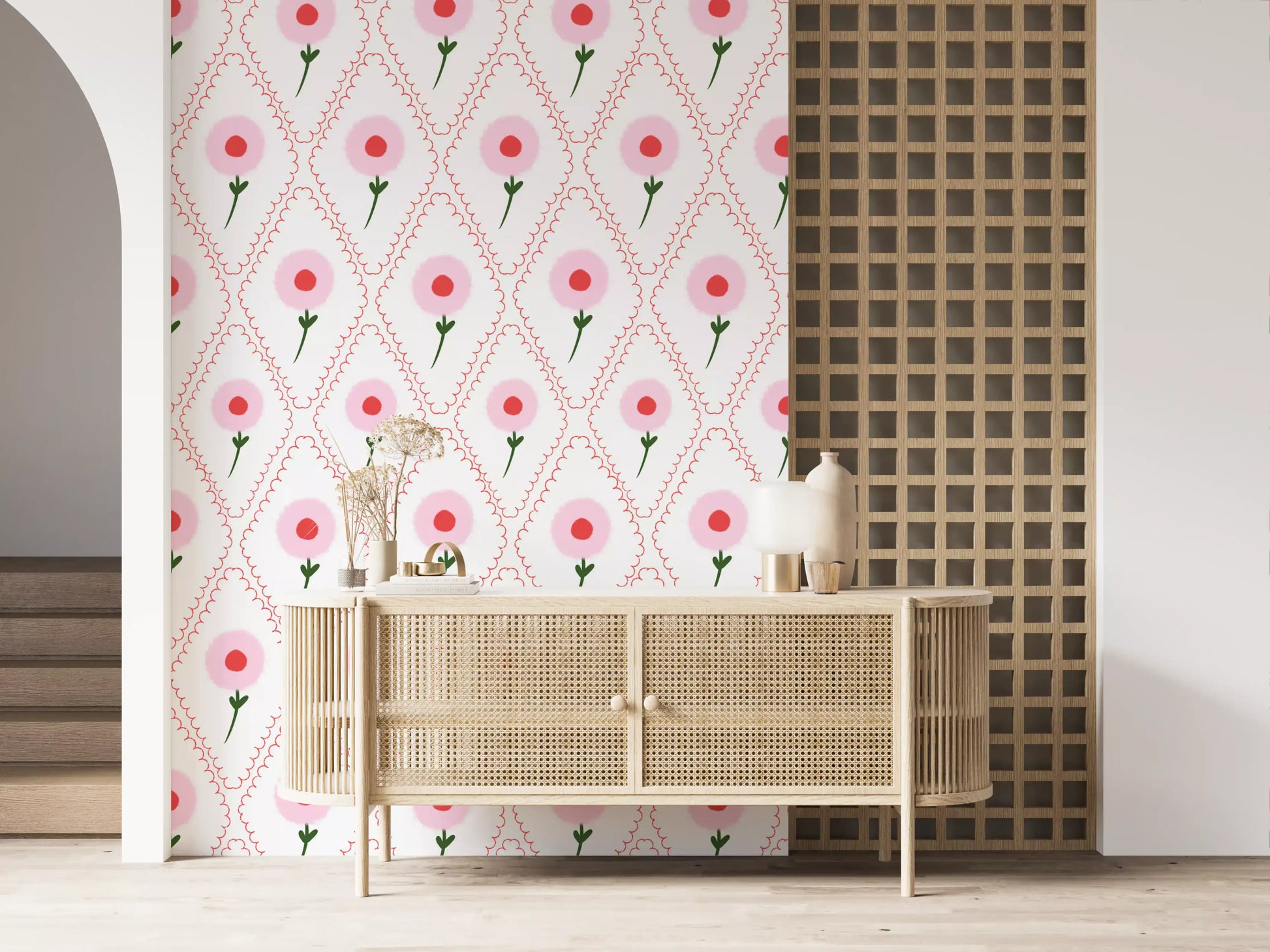 Pink rose heads and short green stems patterned across Cottage Roses Wallpaper