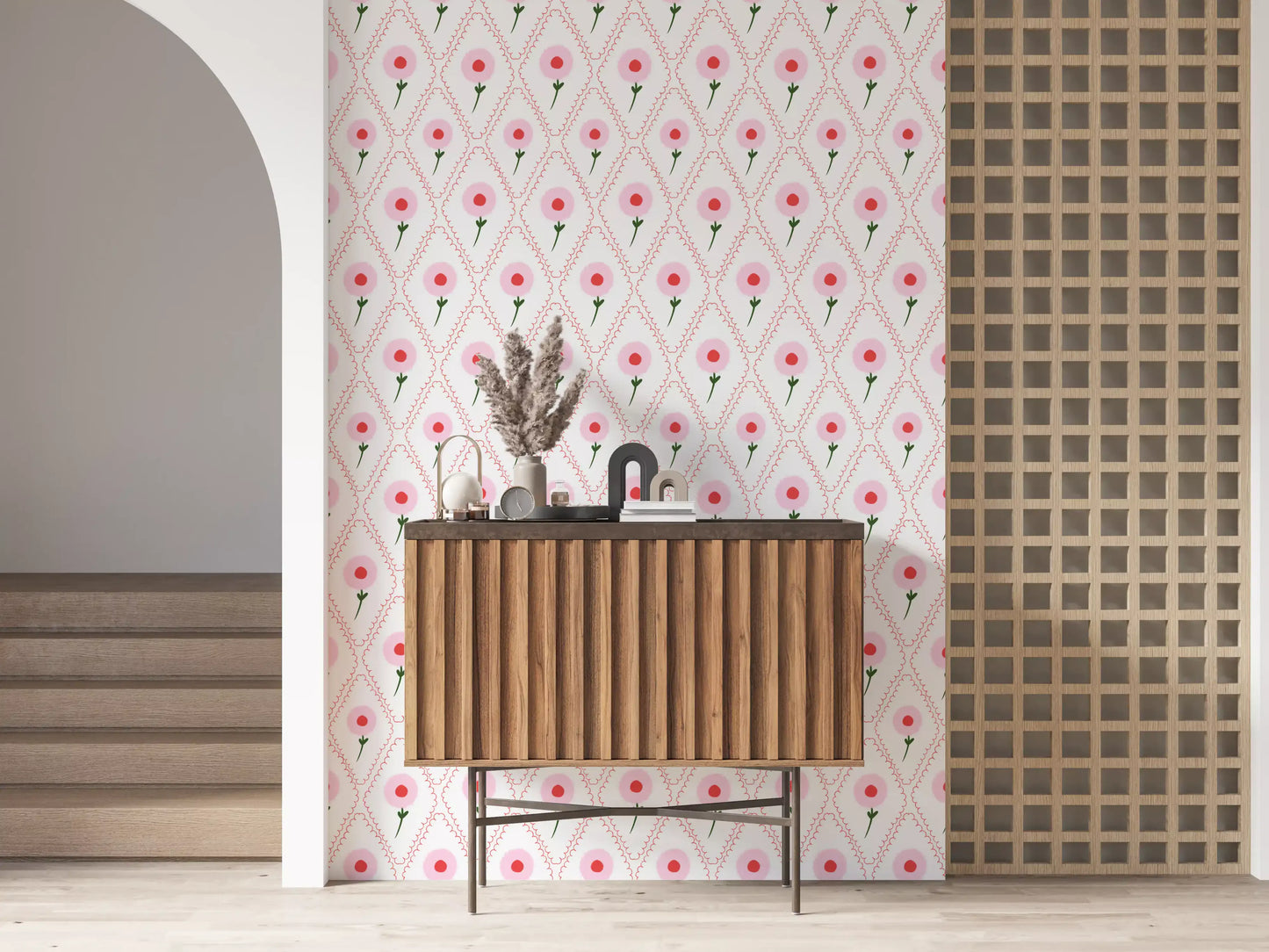 Repeating floral motif on white ground, Cottage Roses Wallpaper close pattern view