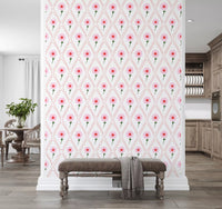 Hallway headboard area finished in Cottage Roses Wallpaper for a quiet feature