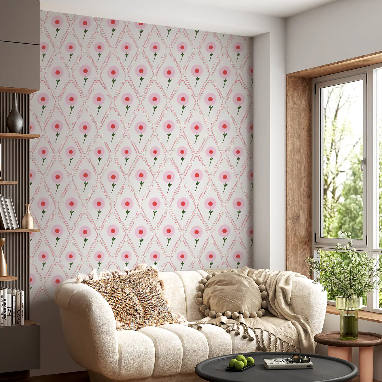 Living room with Cottage Roses Wallpaper running floor to ceiling beside a tall window