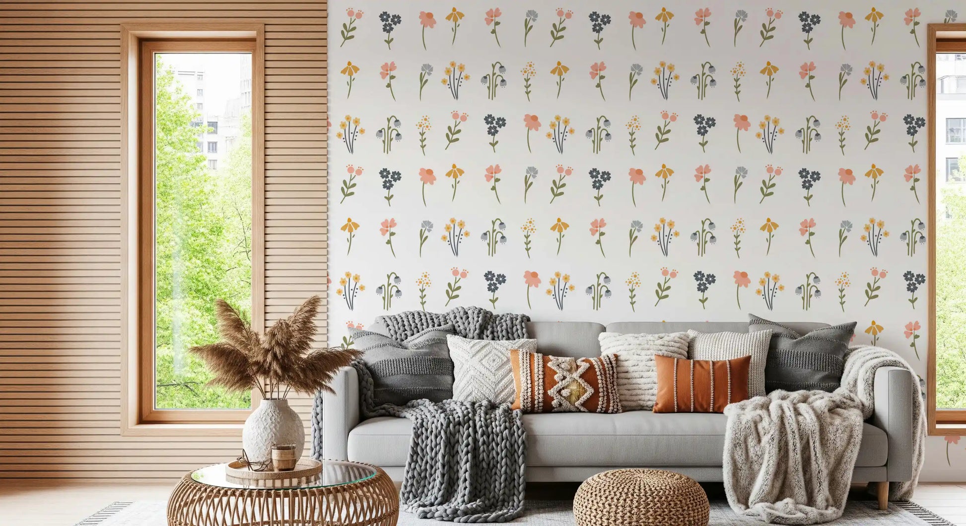 Living room with the Wildflower Portraits wallpaper in mustard and pink 