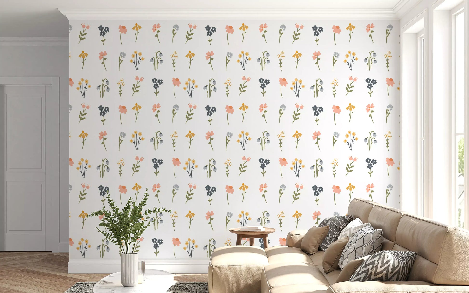 Sage stems link cluster motifs through the Wildflower Portraits wallpaper