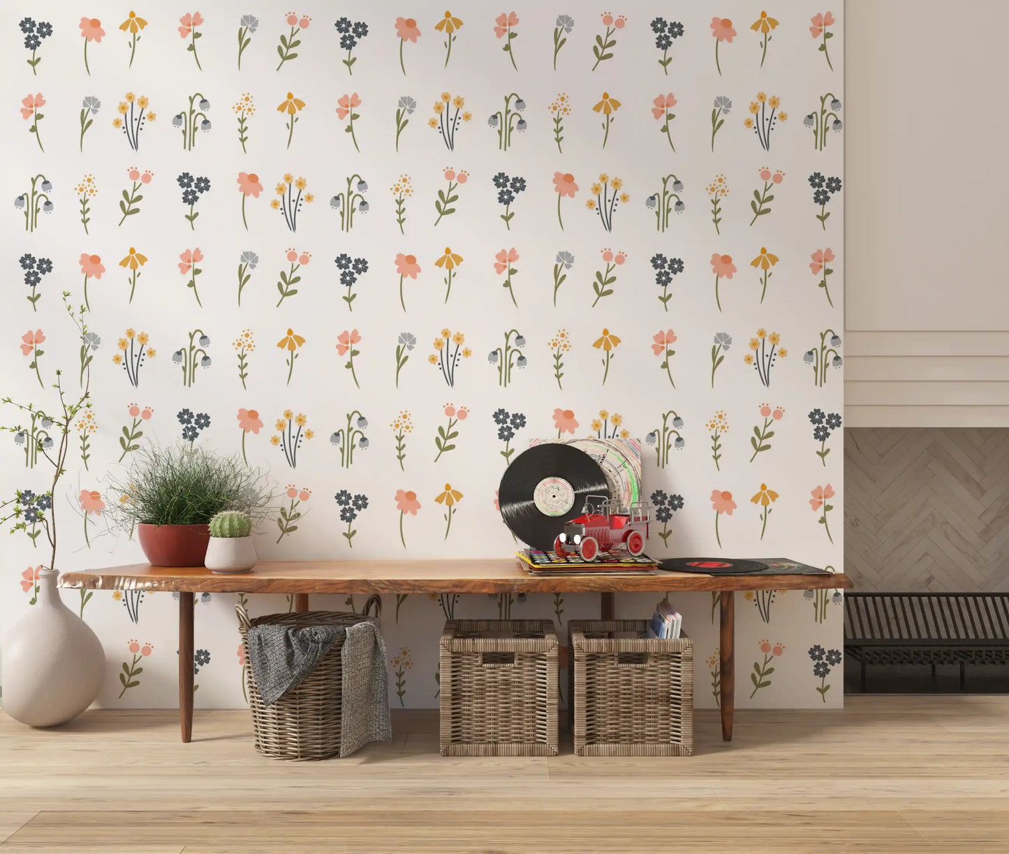Illustrated florals pattern the Wildflower Portraits wallpaper in an even layout