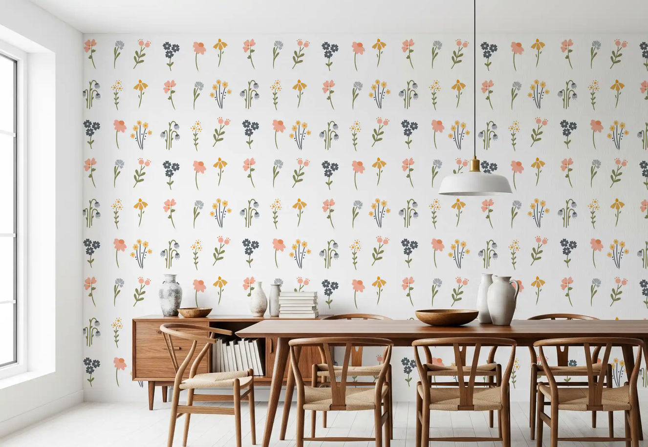 Dining room interior styled with the Wildflower Portraits wallpaper in pastel florals