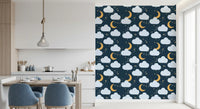 Golden crescent moons sit beside pale clouds on the night sky wallpaper