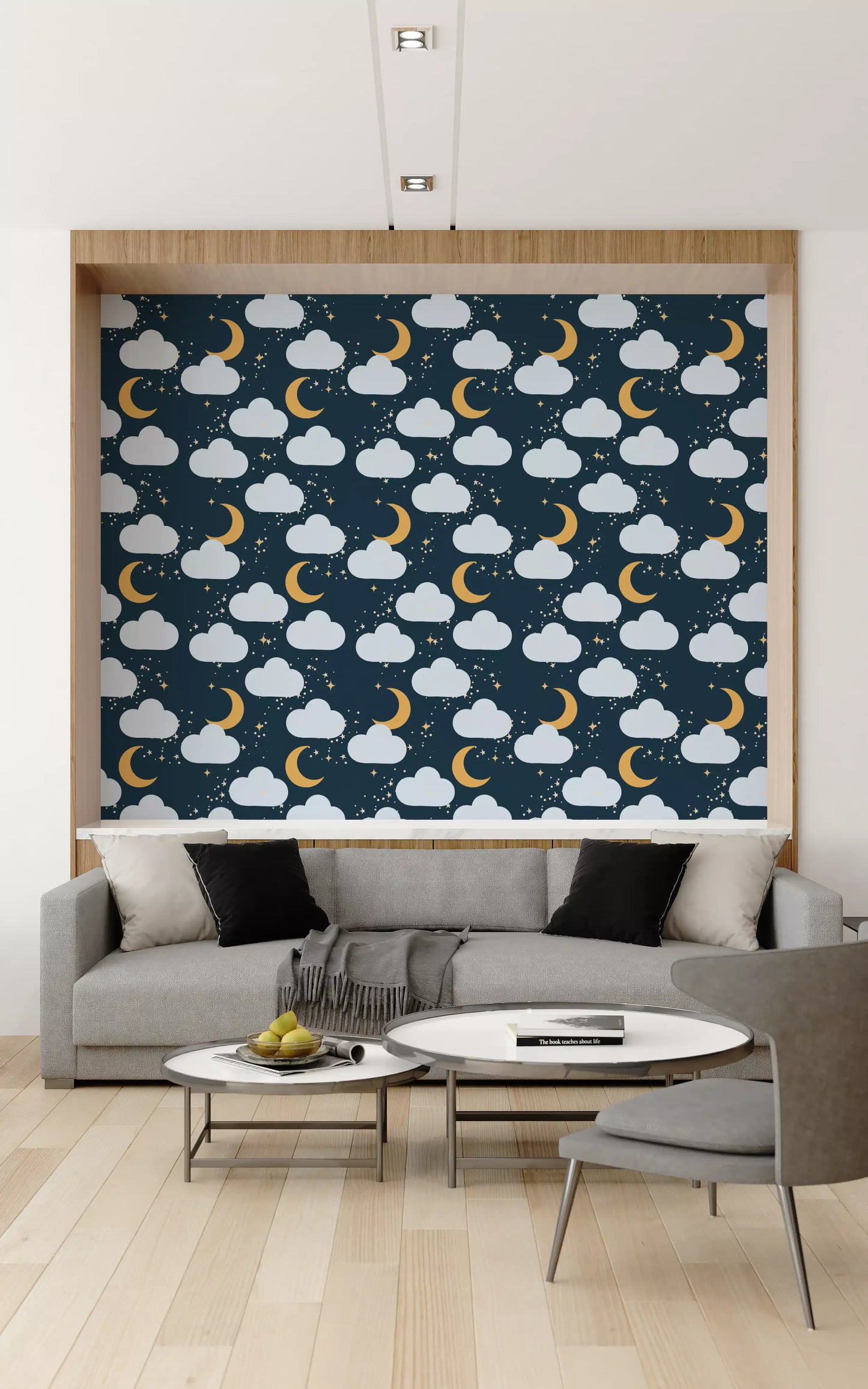 Hallway feature in Celestial Dreams wallpaper paired with cream seating