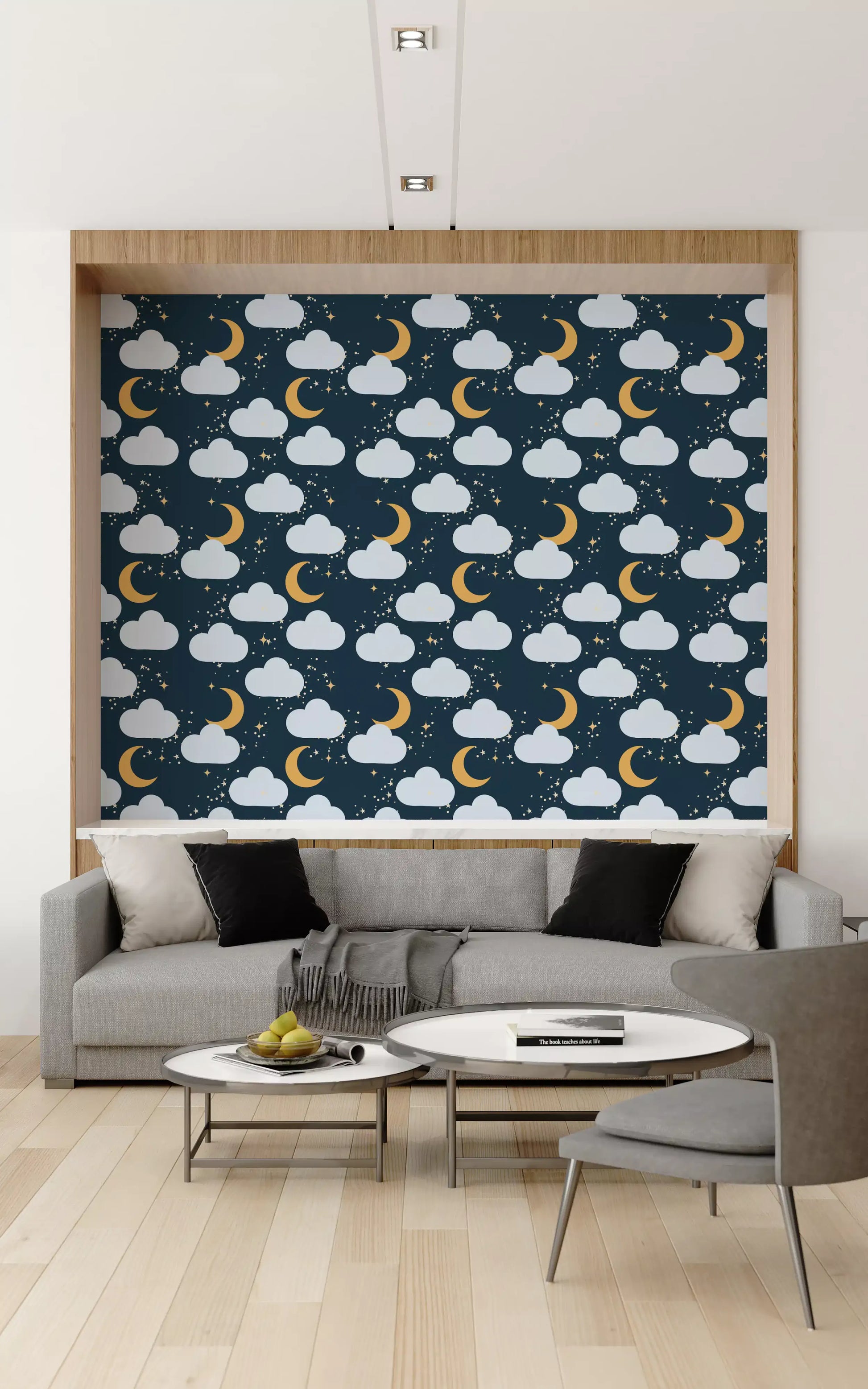 Hallway feature in Celestial Dreams wallpaper paired with cream seating
