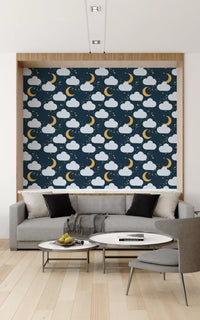 Hallway feature in Celestial Dreams wallpaper paired with cream seating