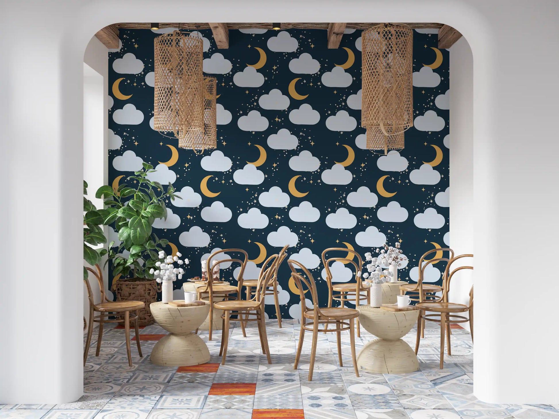 Celestial Dreams Night Sky Wallpaper with cream stars dotting the navy ground
