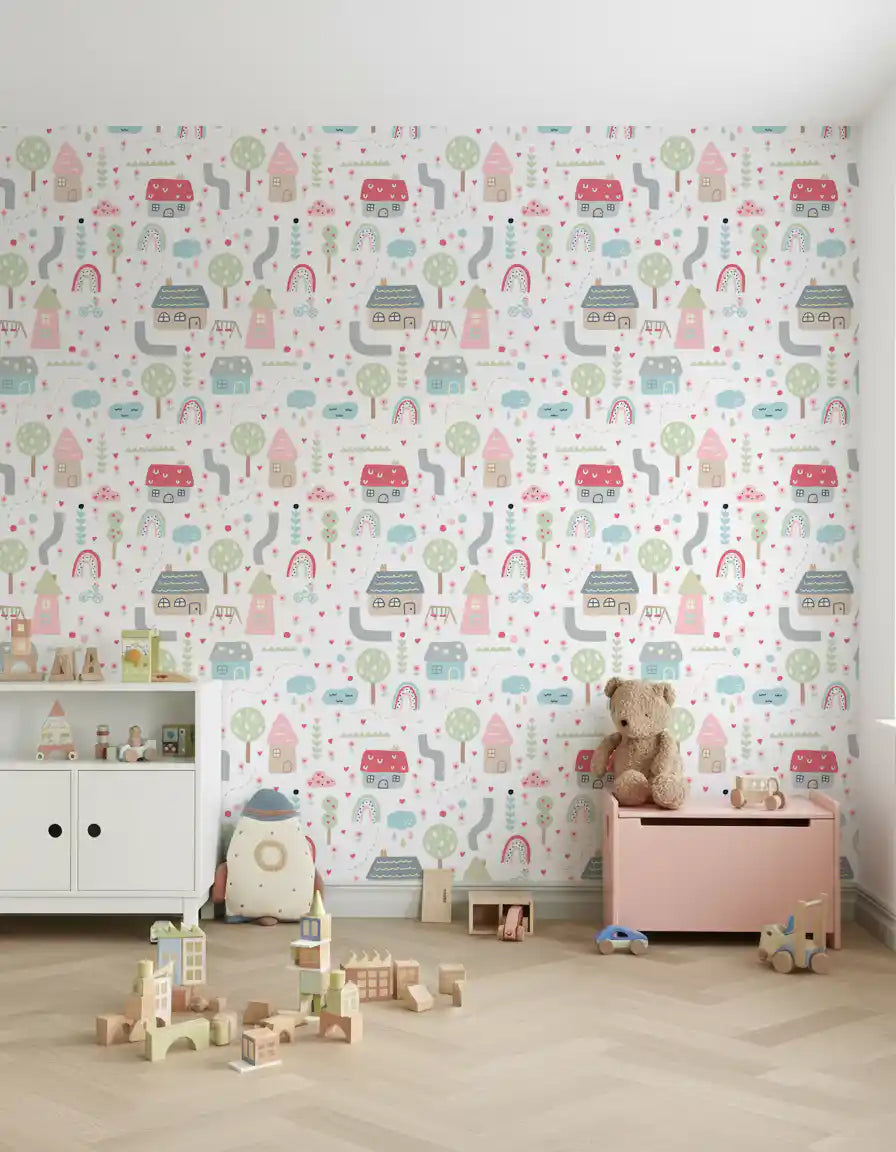 Nursery play area Baby Village wallpaper behind a pink toy 