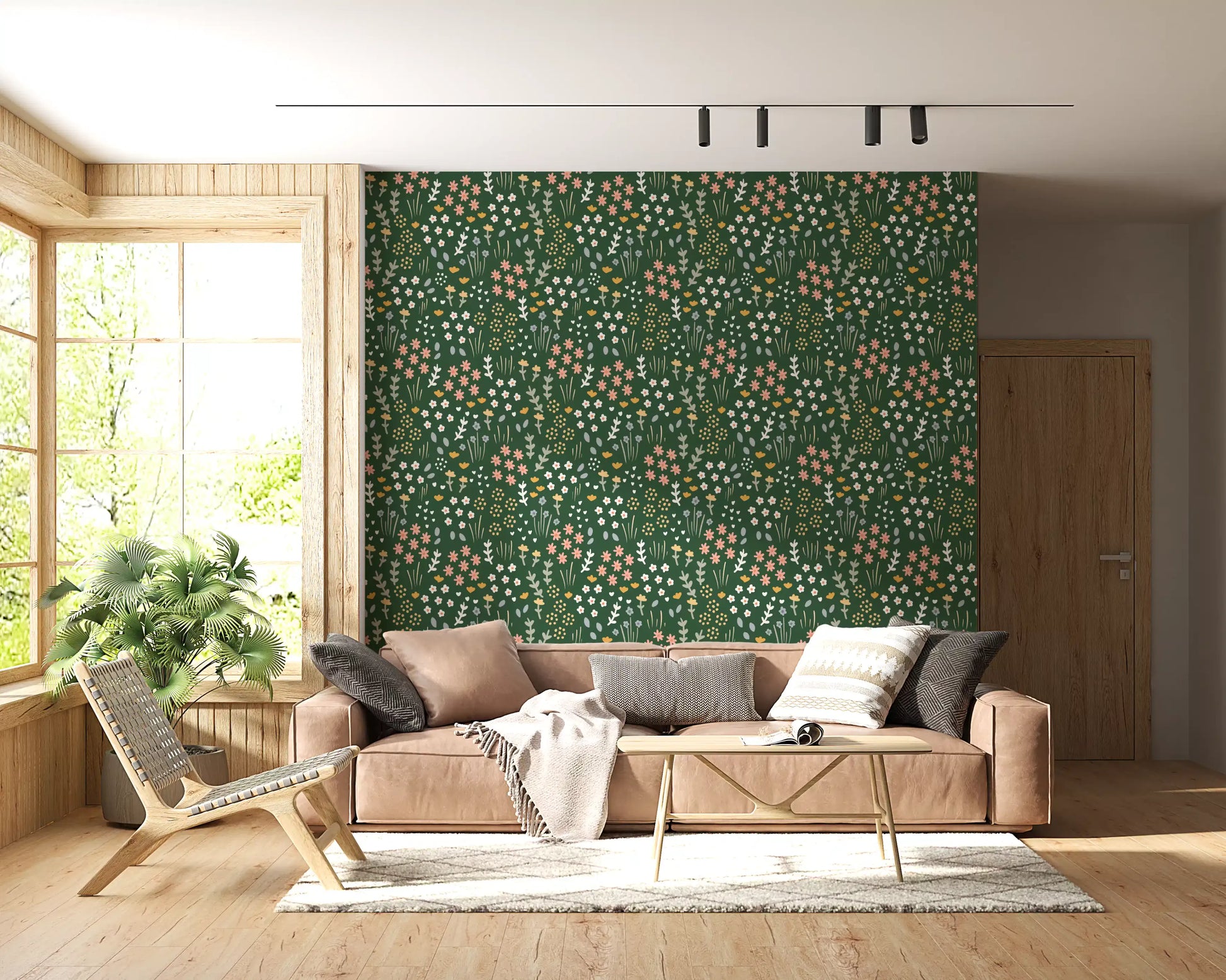 Living room corner where Evergreen Floral Wallpaper greens the main feature panel.