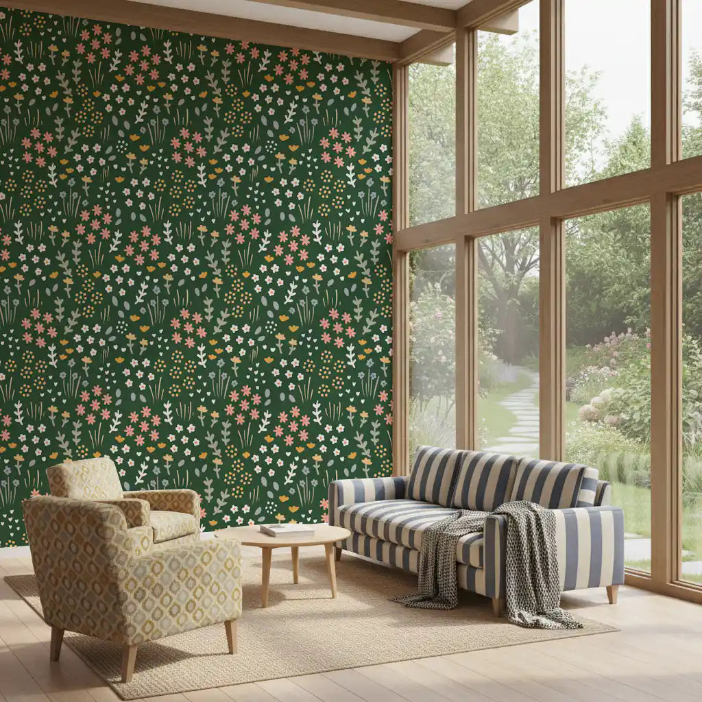 Quiet Living room paired with Evergreen Floral Wallpaper for a folk meadow look.