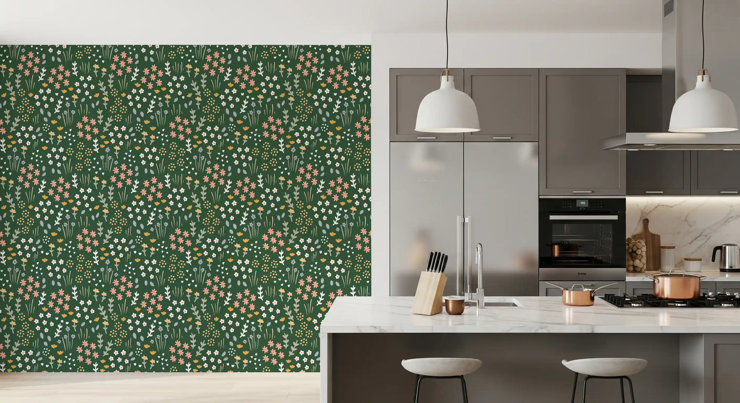 Painted hearts thread between blooms across the Evergreen Floral Wallpaper field.