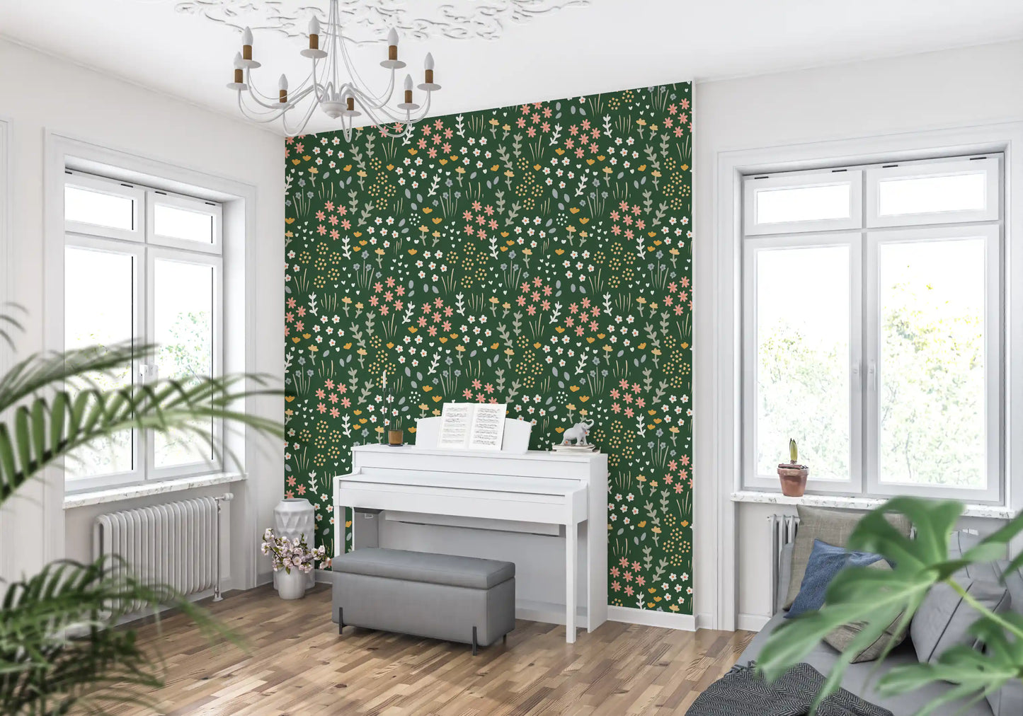 Music area opens onto Evergreen Floral Wallpaper in deep forest green.