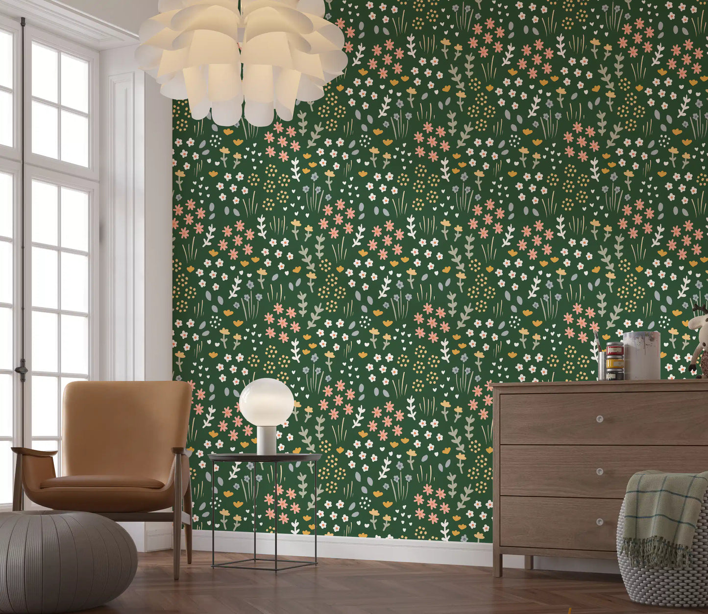 Pattern detail of the Evergreen Floral Wallpaper shows coral, cream and gold tones.