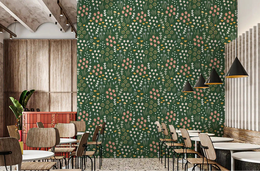 Cafe interior lifted by the Evergreen Floral Wallpaper along a long stretch