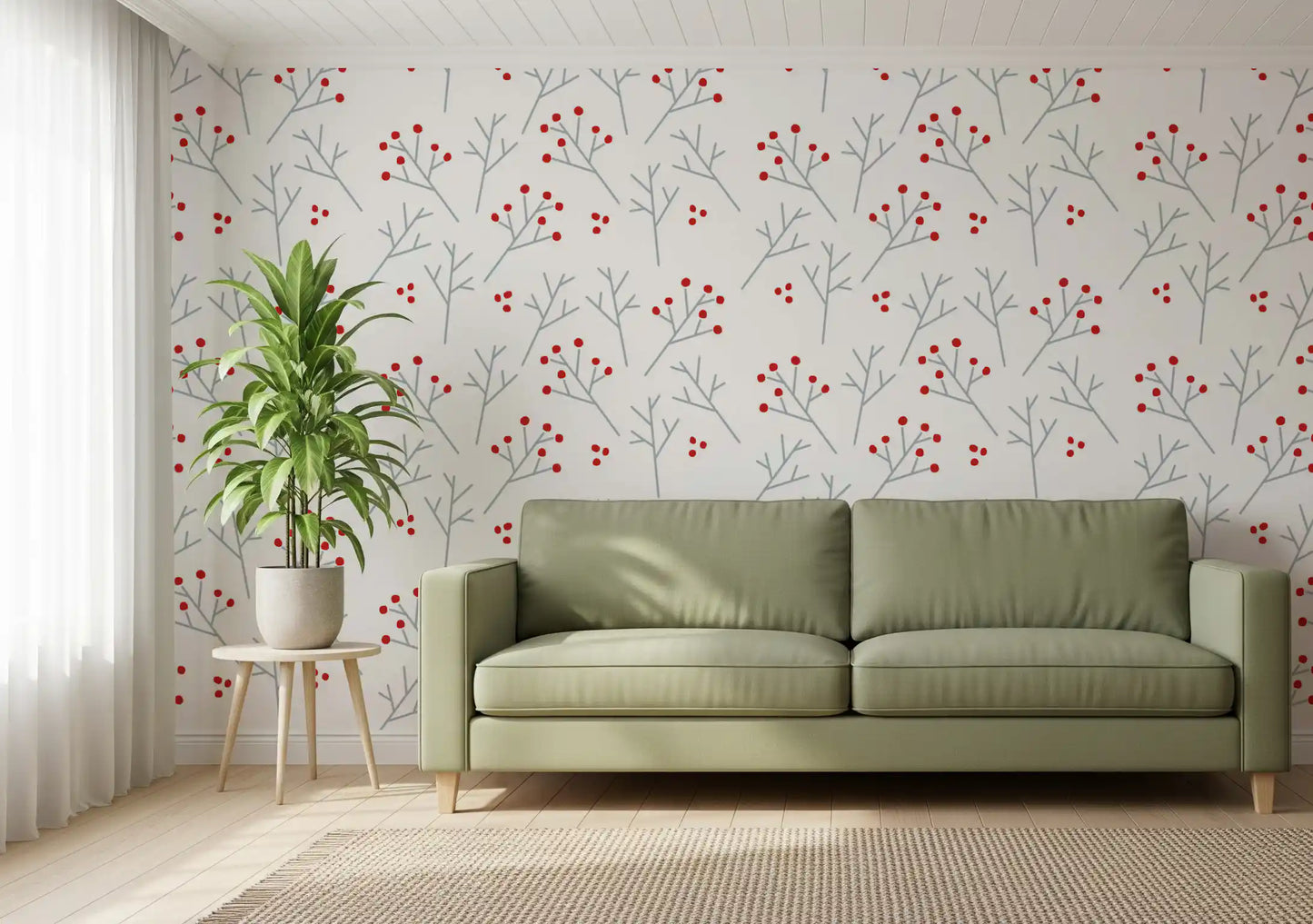 Scandi Branches wallpaper shows scarlet specks clustered on slim ash twigs.