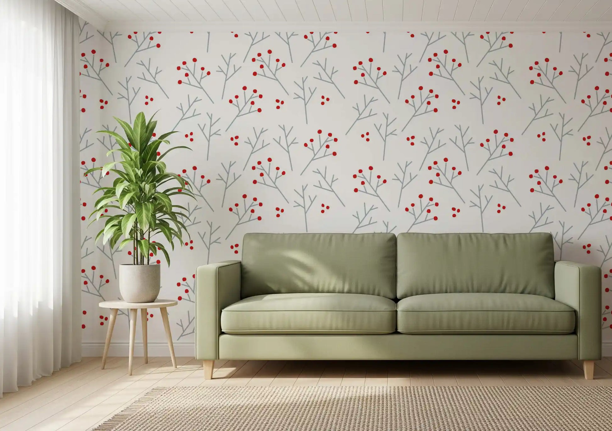 Scandi Branches wallpaper shows scarlet specks clustered on slim ash twigs.